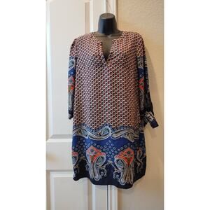 Forever 21  Contemporary  Red Blue Shirt Dress Boho Floral  3/4 Sleeves Medium